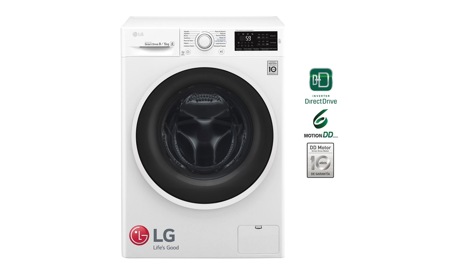 Vista frontal de Lavaseca de 9 kg. Lavado y 5 kg. de Secado con 6 Motion DD F0905WRD1