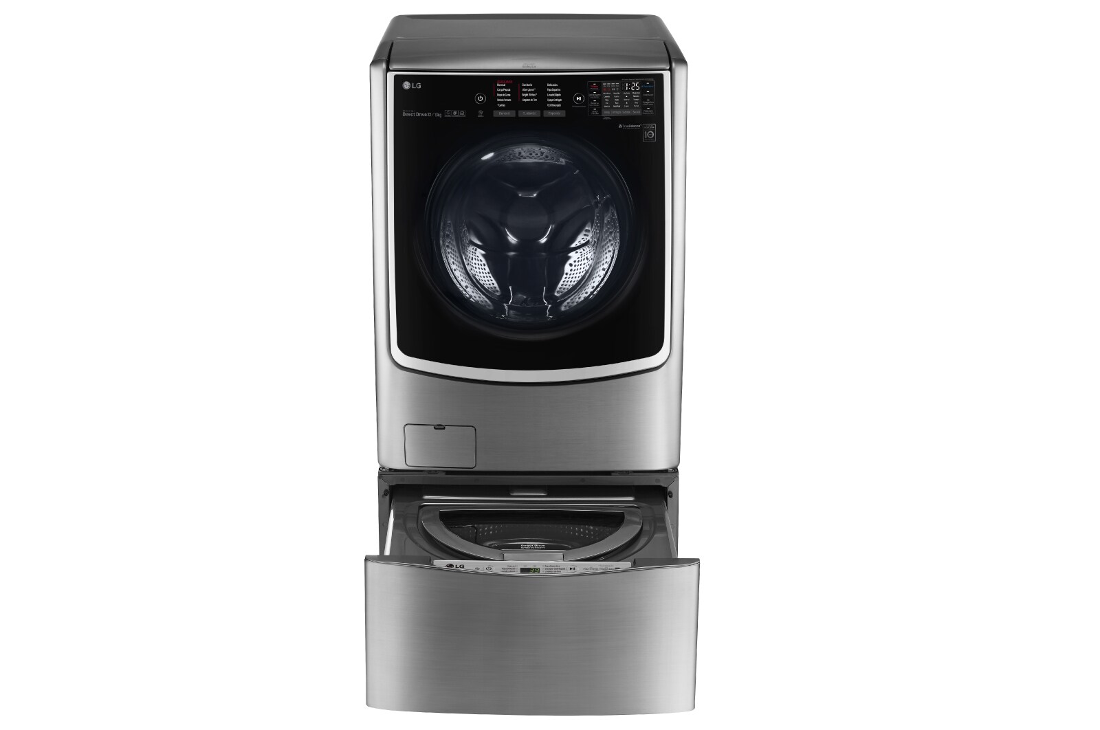 Vista frontal de Lavaseca TWINWash de 25.5 kg de Lavado y 13 kg de Secado, con 6MotionDD y conectividad Wi-Fi F2213VRDSTT + WD100CV