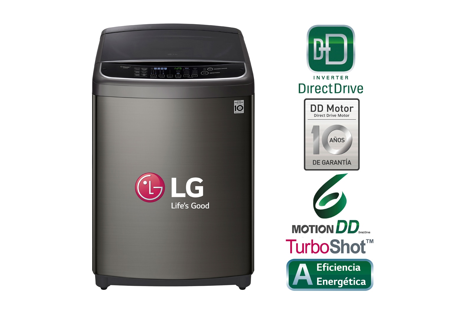 Vista frontal de Lavadora Smart ThinQ con conectividad Wi-Fi de carga superior 19 Kg con 6 Motion DD TS1900DPSB