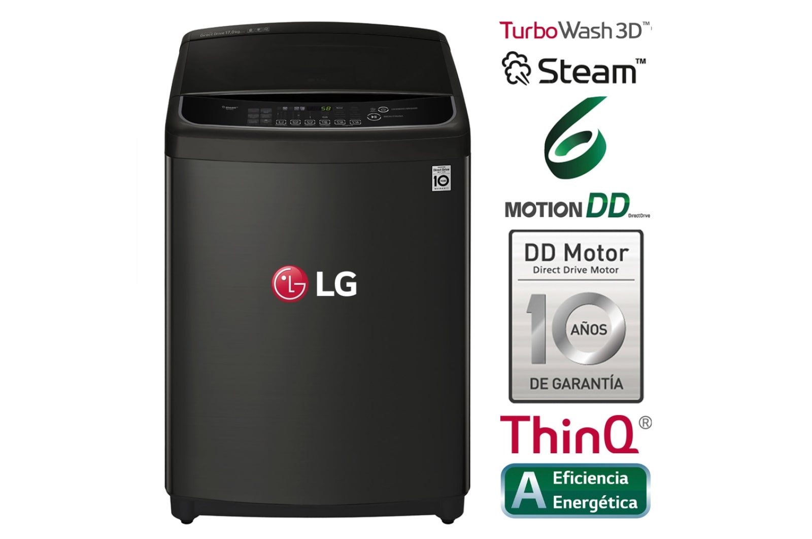 LG Lavadora de 17Kg, TurboWash 3D y ThinQ, negro platino, WT17BSS6H