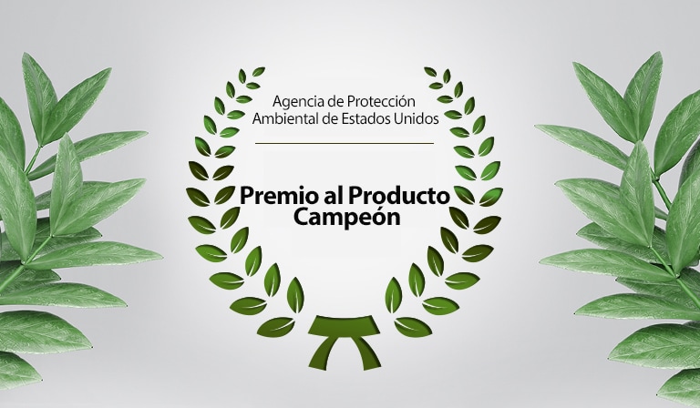 Hay una corona de laurel verde alrededor del texto: “Premio al Producto Campeón de la EPA”. A ambos lados de la imagen se colocan hojas verdes.