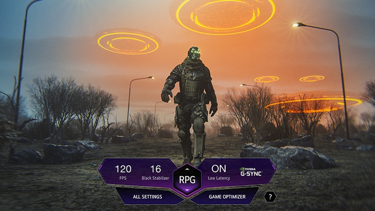 Una pantalla de televisión con un panel de control para juegos en el centro muestra a un soldado que avanza en medio de un paisaje desolado.