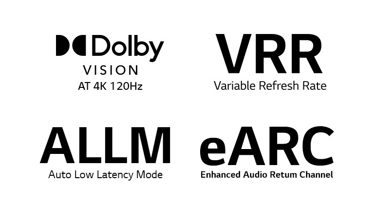 La marca de juego 4K hasta 120 fps La marca de frecuencia de actualización variable La marca del modo de latencia baja automática La marca del canal de retorno de audio mejorado