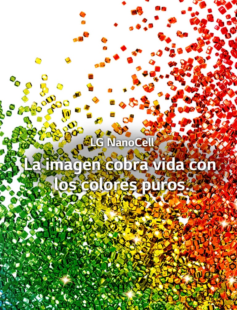 Una pantalla llena de partículas de colores vibrantes que salpican un fondo blanco.