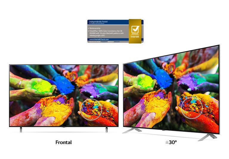 Dos televisores LG NanoCell uno al lado del otro que muestran una imagen de manos sosteniendo partículas de tinte multicolor desde un ángulo de visión frontal y descentrado. La imagen mantiene una consistencia vívida y precisa desde ambos ángulos.