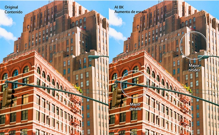 Imagen paralela de edificios con fachada ladrillo rojo en una ciudad. La imagen de la derecha es más nítida y clara, y muestra cómo se mejoraría la imagen con el aumento de escala AI 8K.