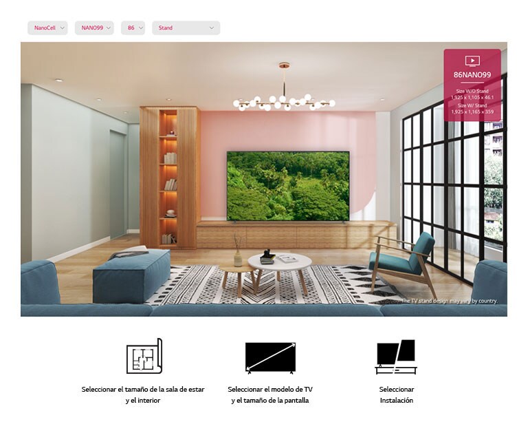 Un televisor de pantalla plana grande montado contra una pared rosa rodeado de muebles naturales. La pantalla muestra un bosque frondoso.