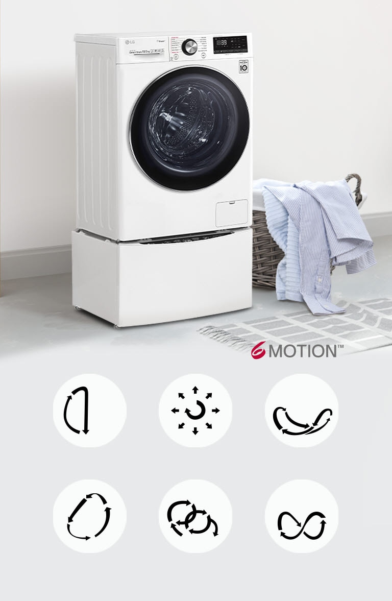 Un video muestra una lavadora blanca ubicada en un ángulo en una habitación con una cesta llena de ropa junto a ella. Seis íconos que representan los diferentes movimientos de la lavadora para un lavado óptimo se desvanecen en la pantalla. El logotipo de LG 6 Motion está en la parte superior derecha de los seis íconos.