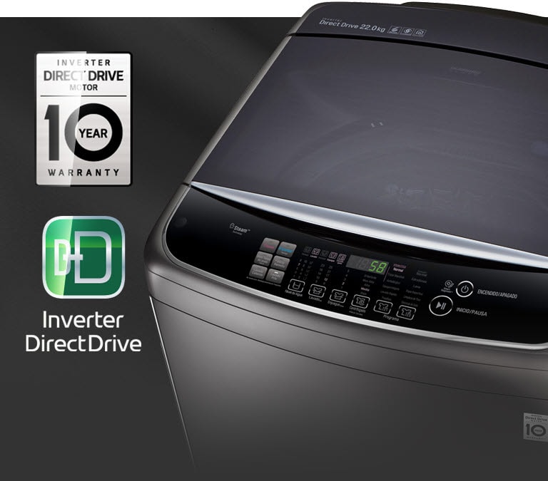La vista superior de la lavadora se muestra con el panel de control y al lado está el logotipo de Garantía de 10 años y el logotipo de Inverter DirectDrive. Los logotipos tienen un rayo de luz que se desliza sobre ellos para hacerlos brillar.