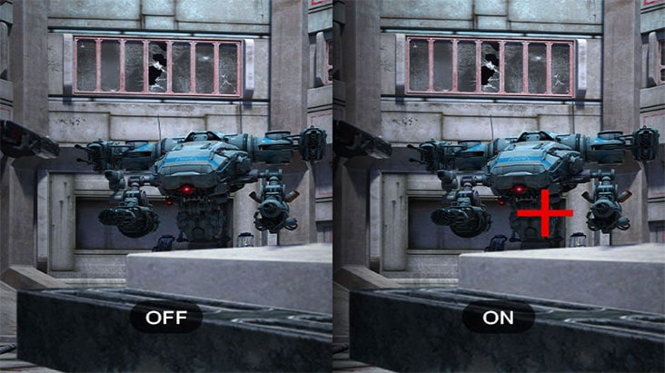 Comparación de gaming con Crosshair activado y desactivado, que muestra una mira que apunta al objetivo en el centro de la pantalla para mejorar la precisión de los disparos.