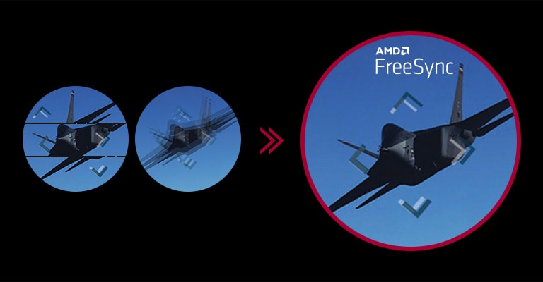 Imagen de juego clara con movimiento fluido y fluido cuando AMD FreeSync™ está activado, mientras que la pantalla se entrecorta y se rompe cuando AMD FreeSync™ está desactivado.