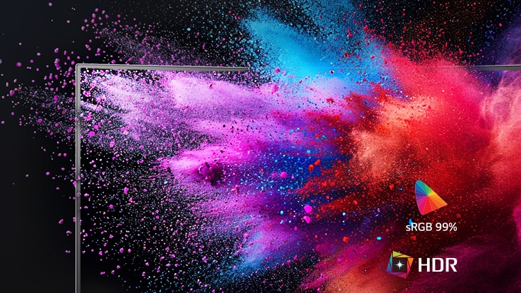 An image showing the monitor's gorgeous colors, with purple, red, and blue ink bursting out in front of the monitor, and the sRGB99% logo and HDR logo on the bottom right.