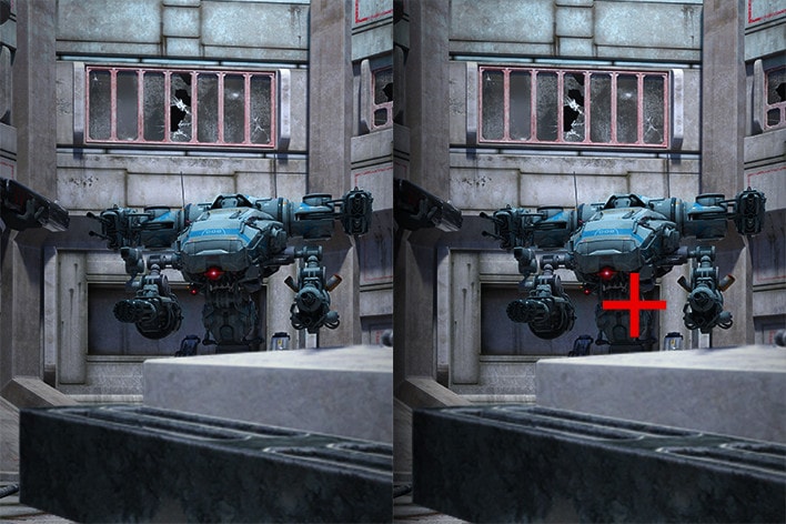 Comparación de Crosshair: la imagen de la izquierda es la mira 'apagada' y la imagen de la derecha es la mira 'encendida'