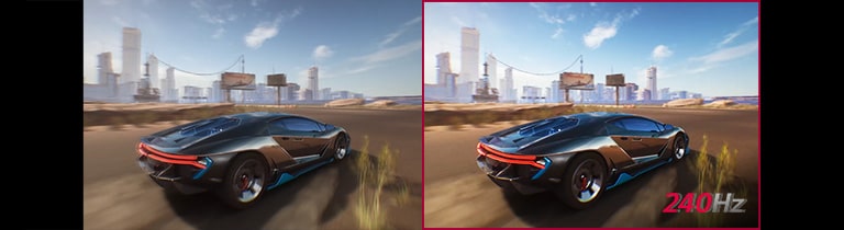 Muestra dos animaciones comparadando un coche en marcha en el juego. Las dos animaciones se ven igual, pero la primera que no aplica una frecuencia de refresco de 240 Hz es menos nítida que la otra.