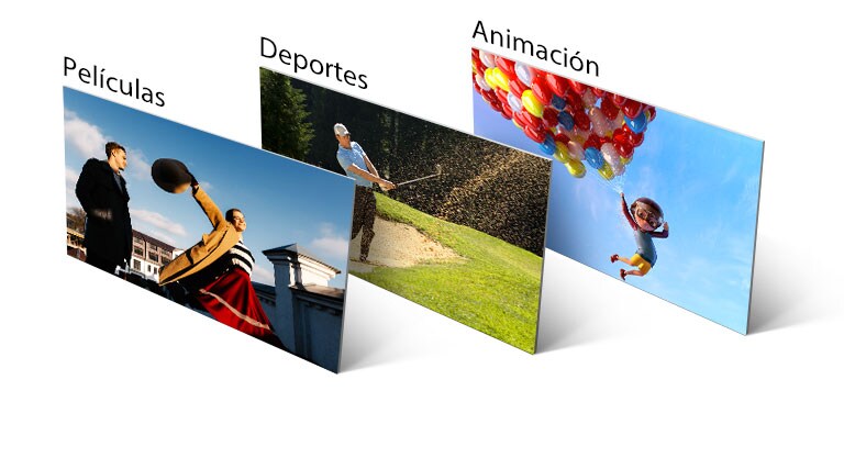 Una escena de película, un juego de golf y una animación se muestran alineadas vertical y oblicuamente.