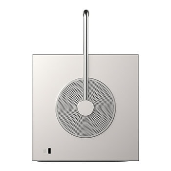 Vista lateral con diseño circular de parlante y manija superior