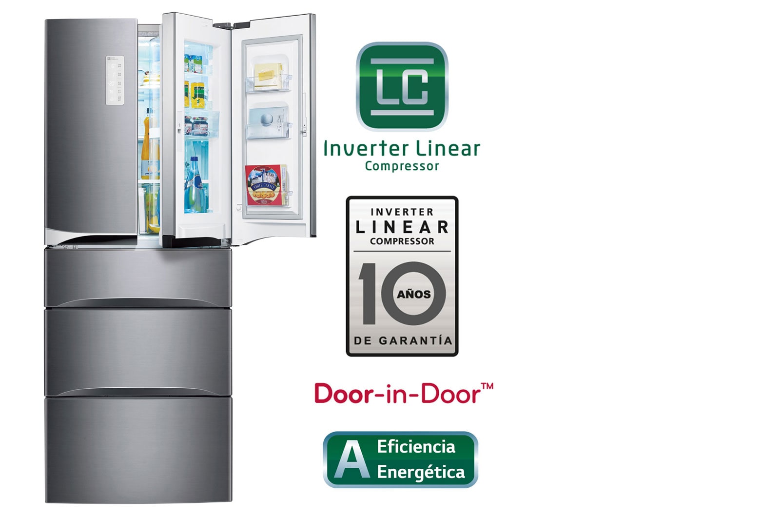 Vista frontal de Refrigeradora con Puerta Mágica (Door-in-Door), Inverter Linear Compressor (10 años de garantía) y  408L de capacidad GB40MDP