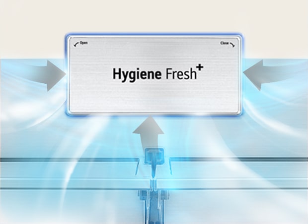 Hygiene Fresh+ resaltada y una flecha gris, que significa hedor, es aspirada por Hygiene Fresh+, y el aire limpio y frío se esparce.