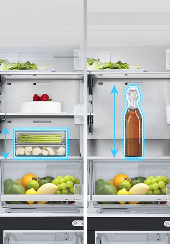 A la izquierda, se extendió una estantería dentro de la refrigeradora y se colocó un recipiente de comida bajo, y a la derecha, se dobló la estantería en la misma posición y se colocó una botella alta.
