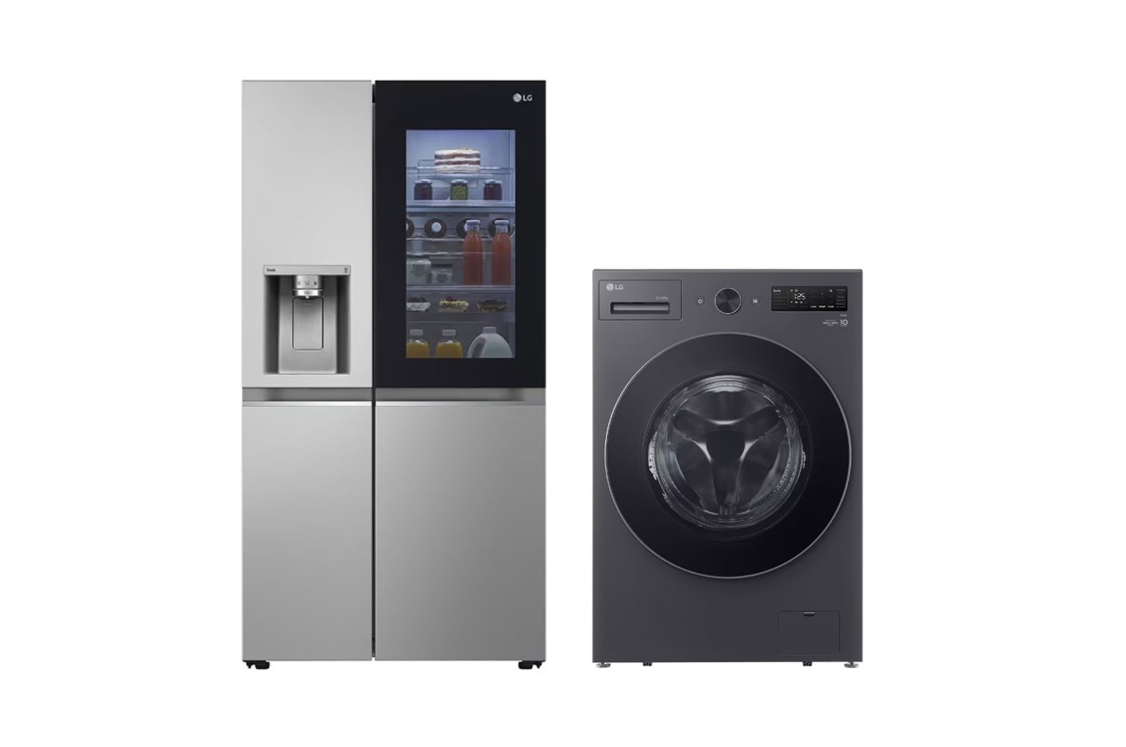 Vista frontal de SmartPack Refrigeradora LG InstaView™ Side by Side 617L + Lavaseca LG de 20Kg lavado /10Kg secado AI DD™ GS66SGP.WD20002