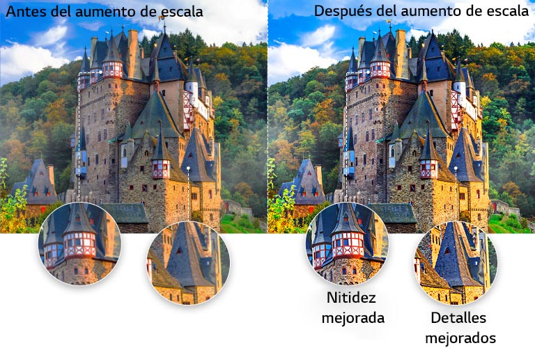 Comparación de la calidad de la imagen de un castillo antiguo en medio de un bosque con el primer plano de uno de los tejados con mayor nitidez y detalle después del aumento de escala.