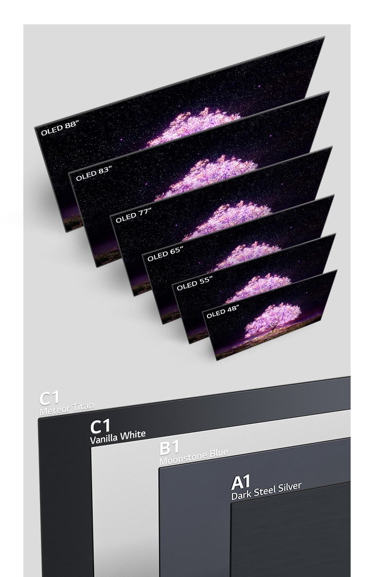 Se trata de un televisor con diferentes tamaños que muestra un árbol brillante de color rosa. Vista trasera de un televisor en color Titán Meteoro con el texto de C1 en la parte superior izquierda. Vista trasera de un televisor en color Blanco Vainilla con el texto de C1 en la parte superior izquierda. Vista trasera de un televisor en color Azul Piedra Lunar con el texto de B1 en la parte superior izquierda. Vista trasera de un televisor en color Acero Plateado Oscuro con el texto de A1 en la parte superior izquierda.