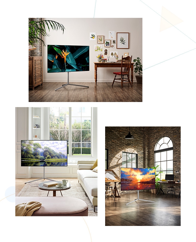 Un televisor con un soporte que muestra un primer plano de hojas está en una habitación con una mesa, una silla, plantas y marcos en la pared. Un televisor con un soporte que muestra un paisaje de un lago y montañas se encuentra en una sala con una mesa y sofás. En un edificio antiguo hay un televisor con un soporte que muestra un paisaje de la puesta de sol.