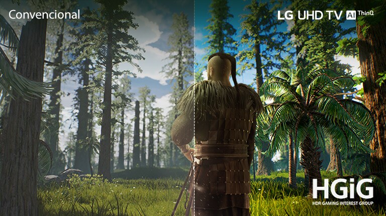 Pantalla de TV que muestra la escena de un juego con un hombre parado en medio de un bosque. La mitad se muestra en una pantalla convencional con baja calidad de imagen. La otra mitad se muestra en la pantalla del TV LG UHD con una calidad de imagen nítida y vívida.