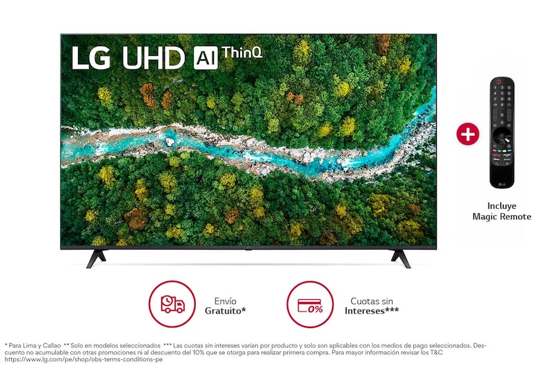 Vista frontal de LG UHD ThinQ AI 60'' UP77 4K Smart TV, 4K Procesador Inteligente α5, Magic Remote 60UP7750PSB