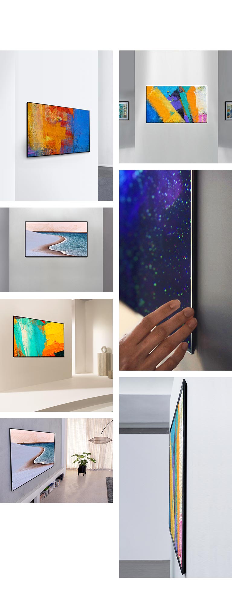 Una vista lateral de LG TV Diseño Galería  que estéticamente sobresale de la pared, como una obra de arte. Una vista frontal de LG TV Diseño Galería  que estéticamente sobresale de la pared, como una obra de arte. Una vista frontal de LG TV Diseño Galería  que armoniza bien con la pared, mostrando una imagen de la playa. Una vista lateral de primer plano del LG TV Diseño Galería que armoniza bien con la pared, mostrando una imagen de la galaxia. Una vista lateral de  LG TV Diseño Galería que armoniza bien con la pared, mostrando una obra de arte. Una vista lateral de  LG TV Diseño Galería que armoniza bien con la pared, mostrando una obra de arte. Una vista lateral de  LG TV Diseño Galería que armoniza bien con la pared, mostrando una imagen de la playa.