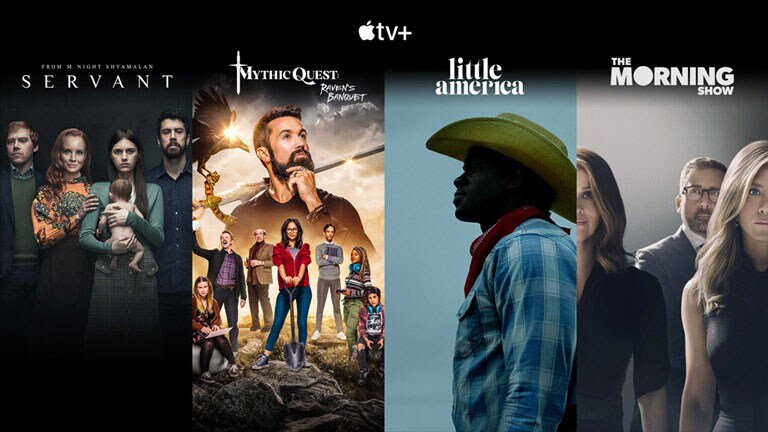 Miniaturas de los 4 títulos principales de Apple TV+