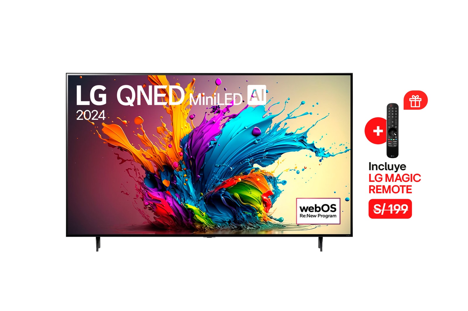 Vista frontal de LG QNED TV, QNED90 con texto de LG QNED, 2024 y logotipo de webOS Re:Nuevo Programa en pantalla