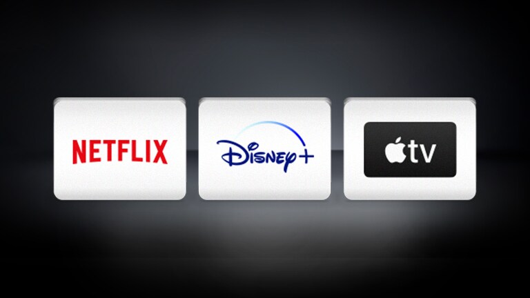 El logotipo de los el de Netflix, Disney+ y Apple TV están ubicados horizontalmente en el fondo negro.