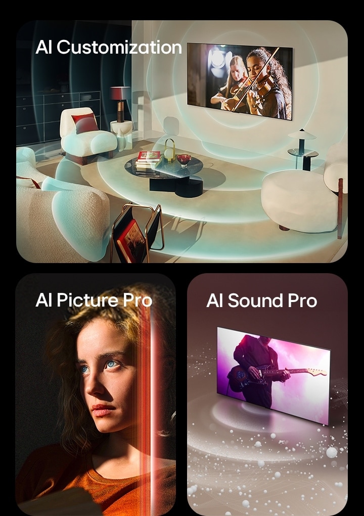 LG OLED en un salón moderno que muestra una actuación musical en pantalla. Unas ondas circulares azules que representan la personalización rodean el televisor y el espacio. Una mujer con ojos azules y un top naranja en un espacio oscuro. Unas líneas rojas que representan los refinamientos de la IA cubren parte de su rostro, que es brillante y detallado, mientras que el resto de la imagen parece apagada. LG OLED TV mientras burbujas de sonido y ondas salen de la pantalla y llenan el espacio.