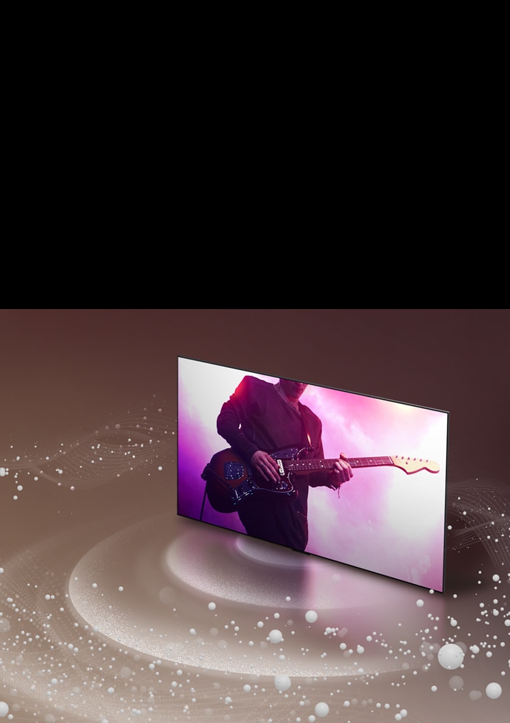 LG OLED TV como burbujas de sonido y ondas que salen de la pantalla y llenan el espacio.