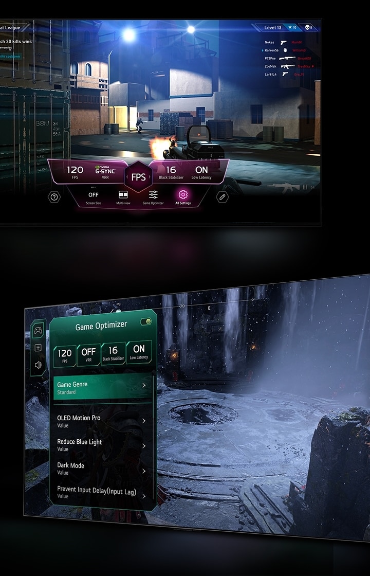Una escena de FPS con el Panel de Juego apareciendo sobre la pantalla durante la partda.  Una escena oscura e invernal con el menú Optimizador de Juego apareciendo sobre la partida.