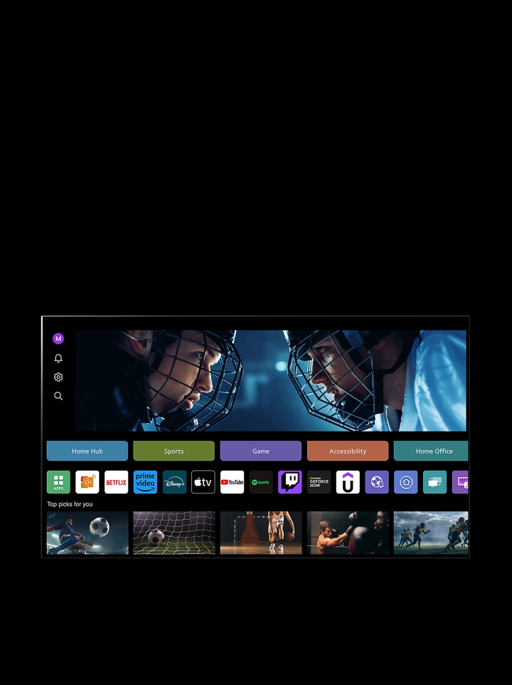 Una pantalla de TV LG muestra la visualización de Mi Perfil. En el tercio superior, un banner de Tangible Wonders. Debajo del banner, se muestran los siguientes botones: Home Hub, Deportes, Juego, Accesibilidad, Home Office. Debajo de los botones, se muestran los siguientes logotipos: Canales LG, Netflix, Prime Video, Disney+, Apple TV, YouTube, Spotify, Twitch, GeForce Now y Udemy. Debajo de los logotipos, se muestran 5 miniaturas de películas bajo el texto "Recomendaciones para ti". Haz clic con el cursor en la "S" inicial de la esquina superior izquierda. Se abre un menú desplegable LG Account y se muestran cinco nombres. El cursor hace clic en el segundo nombre y las miniaturas y los contenidos recomendados en pantalla cambian.