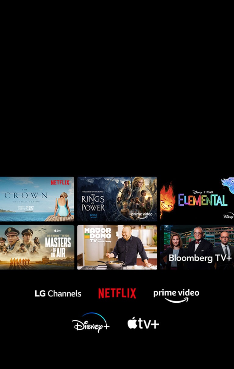 Aparecen seis miniaturas de películas y programas de televisión, debajo, los logotipos de LG Channels, Netflix, Prime Video, Disney+ y Apple TV+.