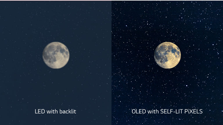 Una escena de la luna, LED a la izquierda con un negro impreciso y OLED a la derecha con un negro perfecto (reproducir el vídeo)