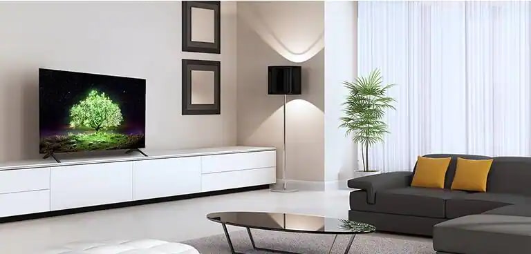 Un televisor OLED A1 ubicado en una sensual sala de estar. En el televisor se observa la imagen de un árbol verde que brilla intensamente.