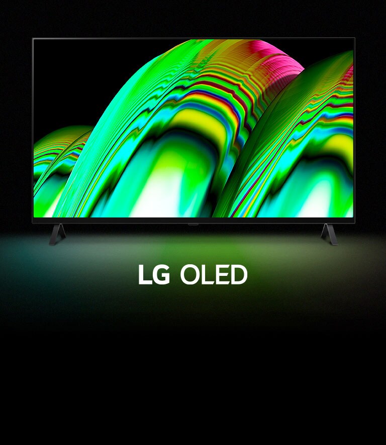Un patrón abstracto de onda verde llena la pantalla y luego se aleja gradualmente para revelar el LG OLED A2. La pantalla se vuelve negra y luego muestra el patrón de onda nuevamente con las palabras "LG OLED" debajo.