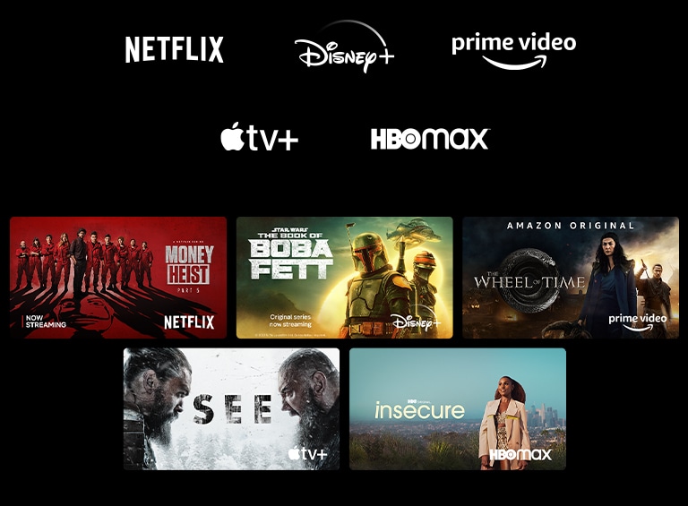 Un póster de Money Heist de Netflix, El libro de Boba Fett de Disney Plus, La rueda del tiempo de Prime Video, See de Apple TV Plus e Insecure de HBO Max.