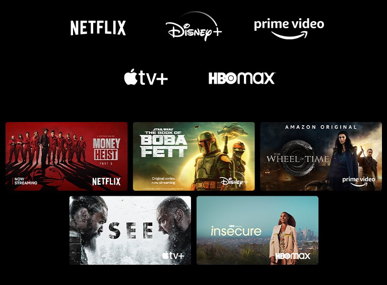 Un póster de Money Heist de Netflix, The Book of Boba Fett de Disney Plus, The Wheel of Time de Prime Video, See de Apple TV Plus e Insecure de HBO Max.