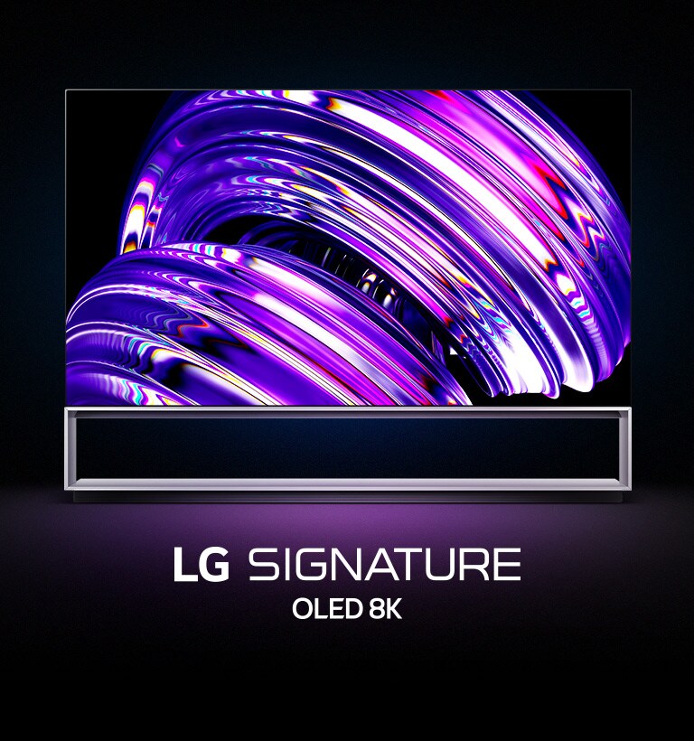 El contorno de un LG OLED Z2 aparece sobre un fondo negro. Cuando el televisor está completamente montado, aparece una imagen abstracta de color púrpura en la pantalla y las palabras "LG SIGNATURE OLED 8K" debajo.