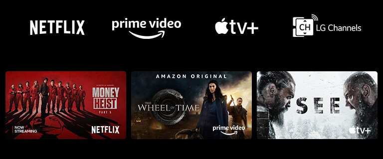 Un póster de Money Heist de Netflix, The Wheel of Time de Prime Video y See de Apple TV Plus.