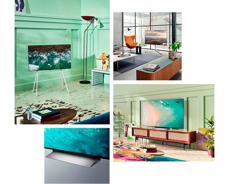 Un LG OLED C2 con soporte de piso está en la esquina de una habitación color menta. Un LG OLED C2 con soporte de galería frente a una ventana grande en una habitación moderna. Un LG OLED C2 descansa sobre un mueble de TV vintage en una habitación verde lima con arte y muebles coloridos. Primer plano en ángulo de la base del LG OLED C2.