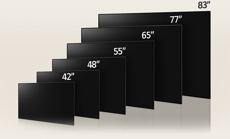 Una imagen que compara los diferentes tamaños de LG OLED C3, mostrando 42", 48", 55", 65", 77", y 83".