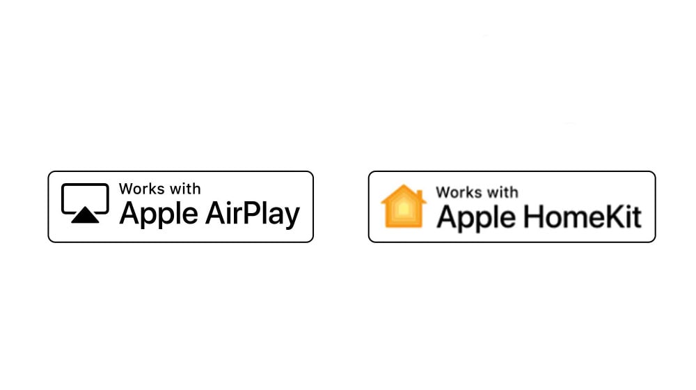 Hay cuatro logotipos desplazados en orden: funciona con Apple AirPlay, funciona con Apple HomeKit.