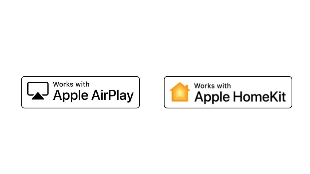 Hay cuatro logotipos desplazados en orden: Hola Google, Alexa incorporado, funciona con Apple AirPlay, funciona con Apple HomeKit.