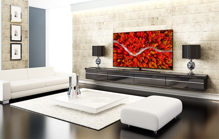 Una sala elegante con un televisor que muestra una vista aérea de los bosques en rojo.